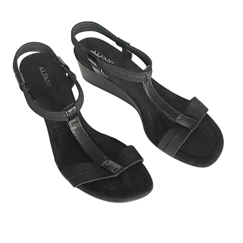 Alfani Voyage Black Patent T-Strap Wedge Sandals Womens 7.5M F0115